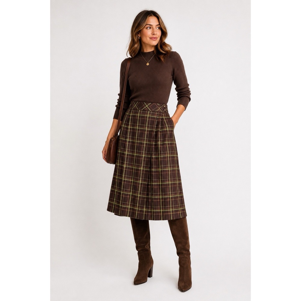 Brown Green Plaid Midi Skirt Pleated A Line Dark Academia Preppy Fall Cato Vtg